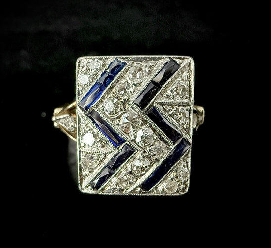 Bague 56.5 Bague Art Déco deux ors, ornée de saphirs calibrés et brillants 58 Facettes