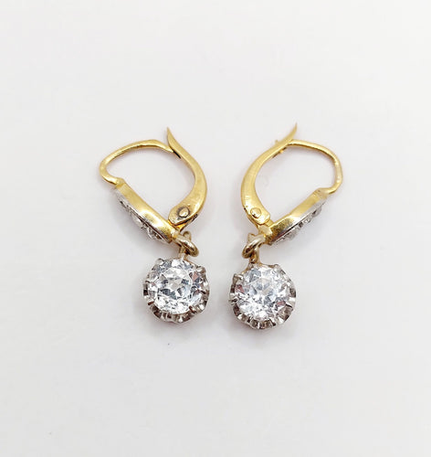 Boucles d'oreilles Dormeuses or jaune, spinelles blanc synthétiques et diamants taille rose (circa 1920) 58 Facettes A06245