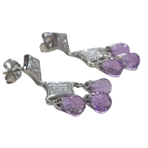 Brincos briolette em ouro branco 18k, ametistas e diamantes 