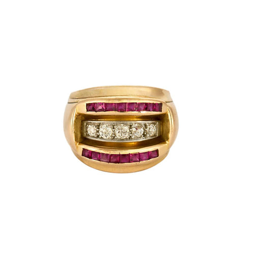 Bague 58 Bague tank or jaune, rubis et diamants 58 Facettes CHA5417