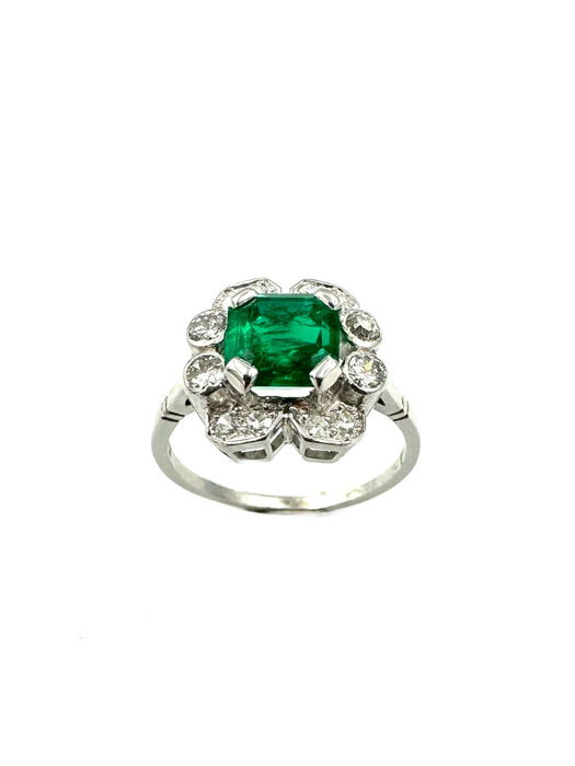 Art-Deco-Ring, Weißgold und Platin, Smaragd und Diamanten