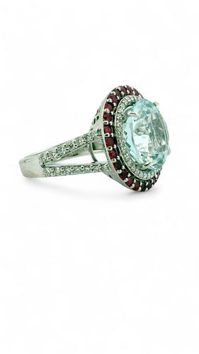 Bague 55 Bague en or blanc 18 carats , aigue-marine , diamants , rubis 58 Facettes