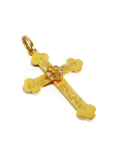 Pendentif Croix or rose et perles 58 Facettes