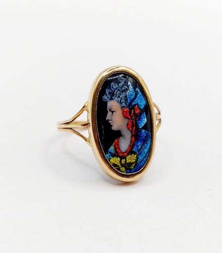 Art Nouveau ring Limoges enameled plaque female profile in 18k gold 