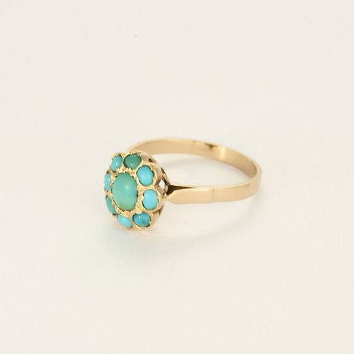 Ring 55 Yellow gold flower ring with turquoise stones 58 Facettes MONTE0352