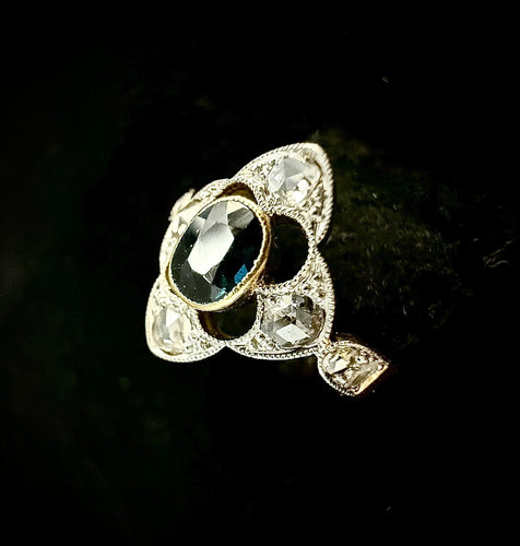 Bague 50 Bague Art Nouveau or et platine sertie d'un saphir et de roses de diamant 58 Facettes