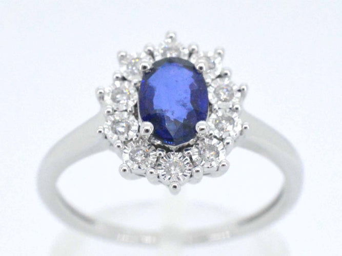 Bague 54 Bague entourage en or blanc avec saphir et diamants 58 Facettes 2272