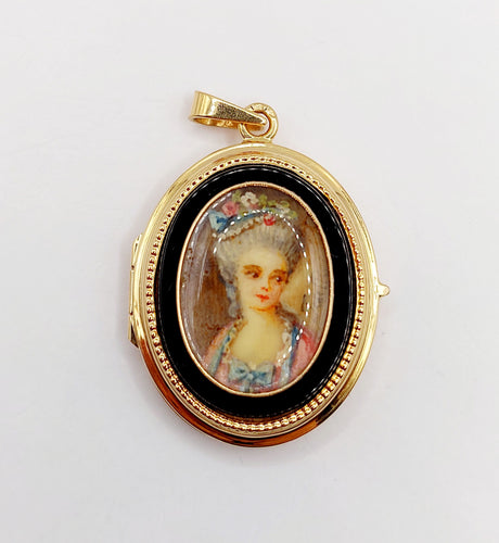 Pendentif Pendentif porte photo antique or rose 18k miniature demoiselle et onyx (circa 1900) 58 Facettes A05940