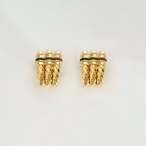 Boucles d'oreilles Boucles d'oreilles or jaune, rubis, émeraudes, saphirs et perles 58 Facettes AB32