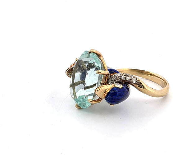 Bague 50 Bague vintage des années 1940/50 en or jaune massif, ornée d'aigue-marine, de diamants et d'émail. 58 Facettes