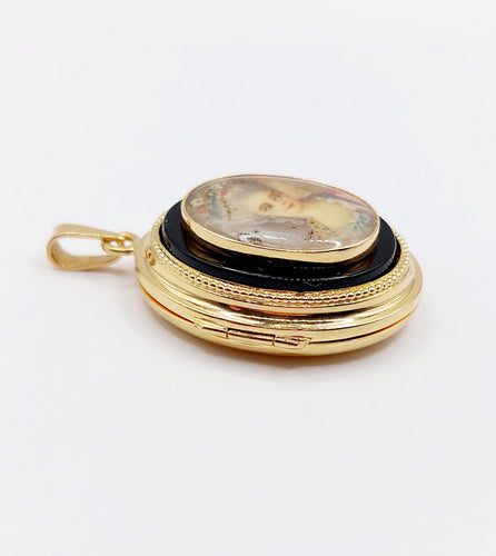 Pendentif Pendentif porte photo antique or rose 18k miniature demoiselle et onyx (circa 1900) 58 Facettes A05940