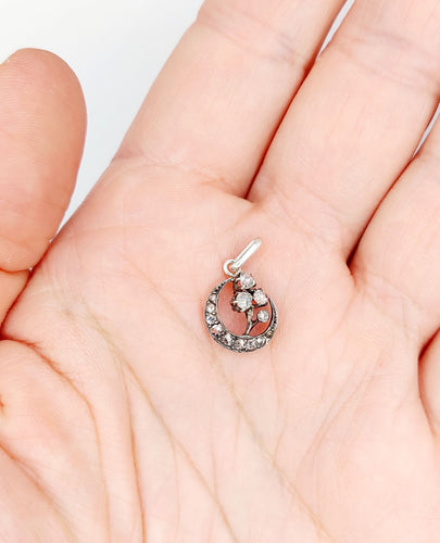 Pendentif Pendentif victorien croissant de lune en or rose 18k et argent, diamants taille rose 58 Facettes A06524