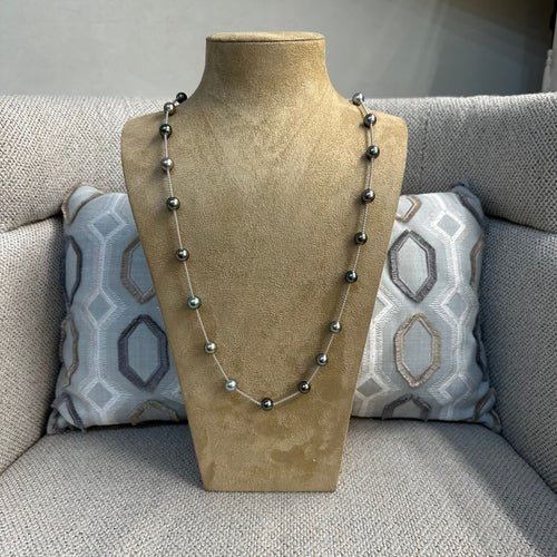 Collier Sautoir en or gris 18K avec 21 perles de culture de Tahiti réglables – 10 mm – Longueur 90 à 97 cm 58 Facettes