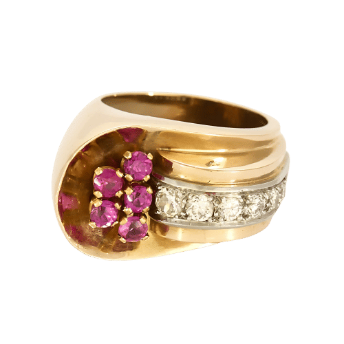 Bague 52 Bague Tank en or jaune et or blanc, diamants et rubis de synthèse 58 Facettes MEA5126