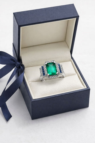 Inel din aur alb cu smarald, diamante și safire 