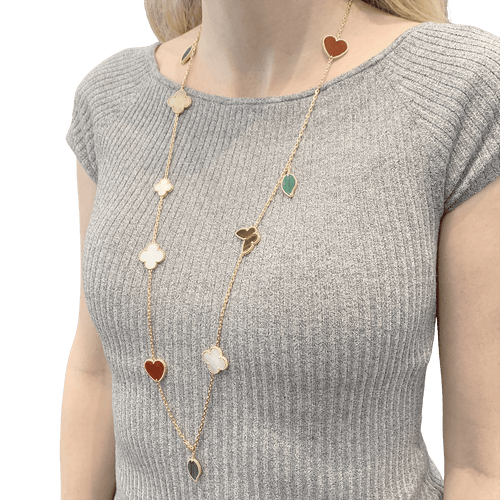 Collier Collier-Sautoir Van Cleef & Arpels, "Lucky Alhambra", or jaune, cornaline, malachite, oeil de tigre, nacre. 58 Facettes 34547