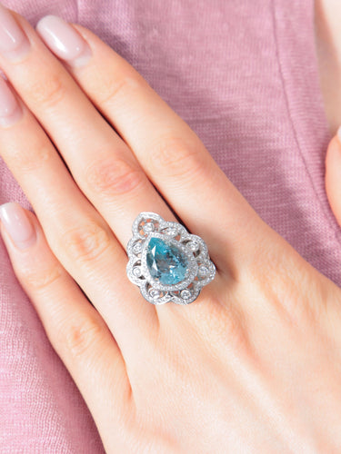 Bague Bague Or Blanc Aigue-Marine Diamants 58 Facettes