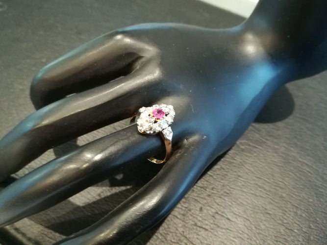 Bague 54.5 Bague Marquise ancienne or rose, platine, rubis, diamants 58 Facettes