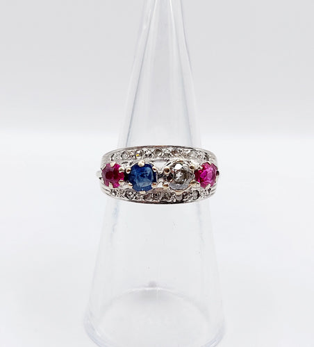 Bague 51 Bague jarretière art déco or blanc diamant, saphir et rubis 58 Facettes A03240