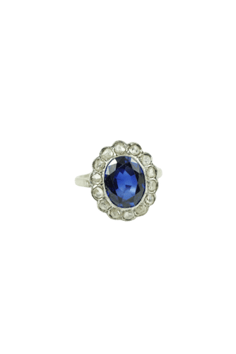 Пръстен Маргаритка златни диаманти и синтетичен сапфир Art Deco