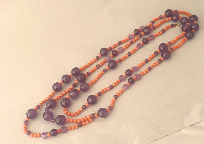 Collier Grand collier sautoir corail ancien méditerranéen et perles d'améthyste 58 Facettes