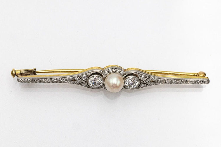 Gold brooch with old-cut diamonds 0.95 ct and a pearl 58 Facettes 10611