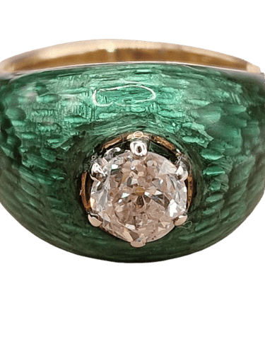 Inel vintage din email cu diamant tăiat vechi în aur galben 