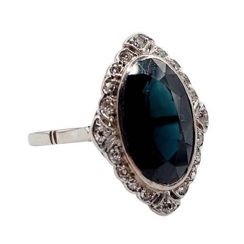 Anel pompadour Art Deco em Platina, safira 4,30 quilates e diamantes de corte antigo 