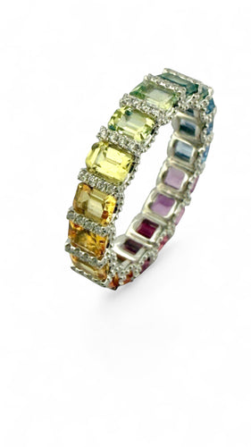 Bague 52 Alliance rainbow en platine et saphirs véritables 58 Facettes