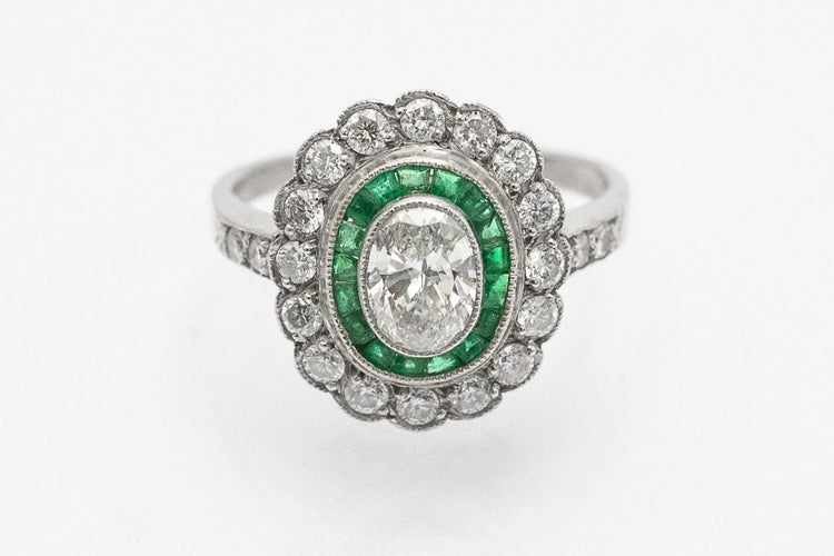 Bague 52 Exclusive platinum ring, 1.00ct diamonds, emeralds, mid-20th century 58 Facettes 11080