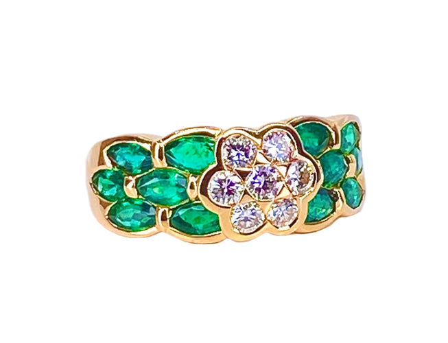 Bague 53 Bague jonc en or jaune, émeraudes navettes et diamants 58 Facettes AB576 bis