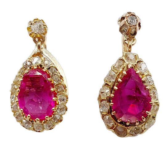 Boucles d'oreilles Dormeuses or jaune, rubis synthétiques et diamants taille ancienne (circa 1920) 58 Facettes A04818