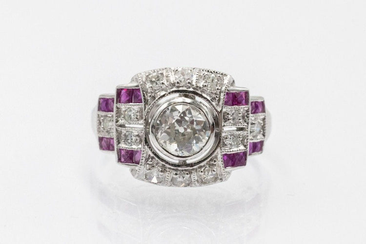 Bague 54 Bague Art Déco géométrique en or blanc 14k avec diamants et rubis 58 Facettes 11204