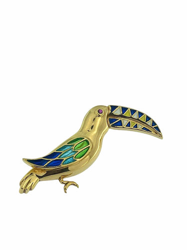 Broche Broche toucan vintage en or jaune avec émail et rubis 58 Facettes