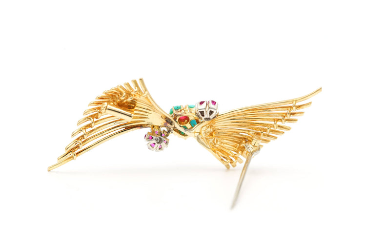 Broche années 50 or jaune,  turquoises, de rubis et de diamants (+-0.05ct) 58 Facettes 22640