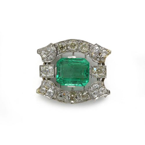 Art deco brosje i gull og Platina, colombiansk smaragd 9,45 karat gamle slipte diamanter 