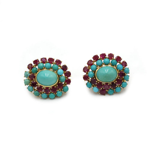Boucles d'oreilles Boucles d'oreilles, années 50, or jaune 750, rubis et turquoises 58 Facettes 1286