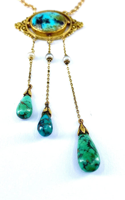 Collier Collier or jaune turquoises et perles fines, époque 1900 58 Facettes AB368