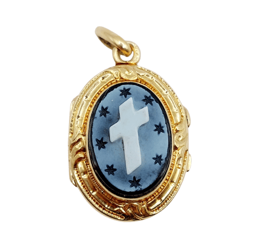 Pendentif Pendentif porte photo souvenir antique or jaune 18k plaques noires, croix et étoiles (circa 1900) 58 Facettes A06198