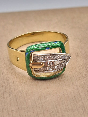 Bague 58 Bague à boucle vintage des années 1960 en or jaune, émail et diamants 58 Facettes