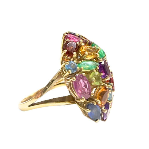 AKuamarin ve çeşitli doğal değerli taşlarla işlenmiş ALTIN YÜZÜK