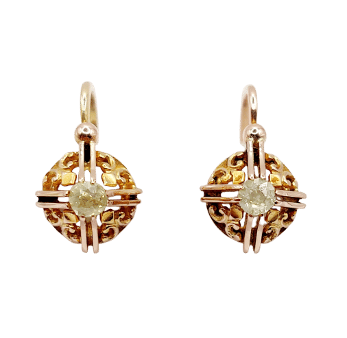 Boucles d'oreilles Dormeuses or rose, diamants jaunes taille ancienne (circa 1900) 58 Facettes A06239
