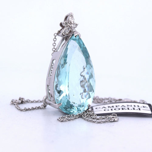 PENDENTE ORO BIANCO 18 KT - ACQUAMARINA e DIAMANTI 58 Facettes