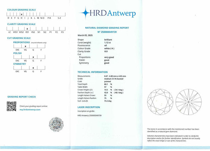 Bague 55 Solitaire en or gris 18K avec diamant 1,12 ct H-VS1 – Certificat HRD – Taille 55-56 58 Facettes