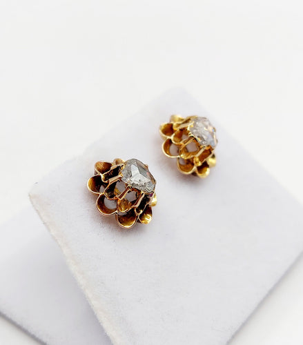 Puces d'oreilles antique or rose 18k fleurs et diamants taille roses (circa 1880 58 Facettes A06248
