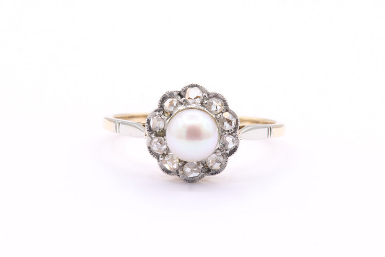 Bague 50 Bague Art Déco en or jaune et blanc sertie d'une perle et de diamants 58 Facettes 21411