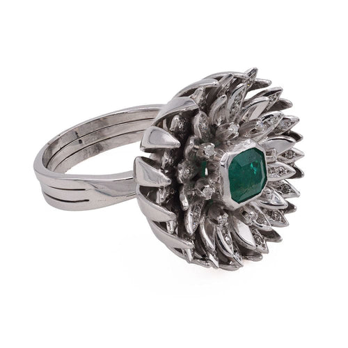 Bague 53 Bague Fleur Or gris Diamants Emeraude 58 Facettes