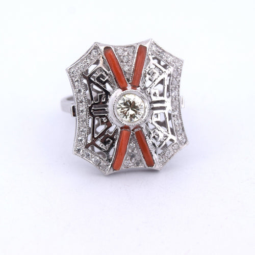 Bague 54 Bague en platine avec diamants et corail 58 Facettes