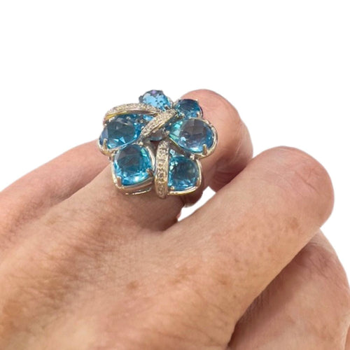 Bague 49 BAGUE AU DESIGN CONTEMPORAIN en OR 18 carats avec DIAMANTS et TOPAZE SUISSE 58 Facettes Q267B