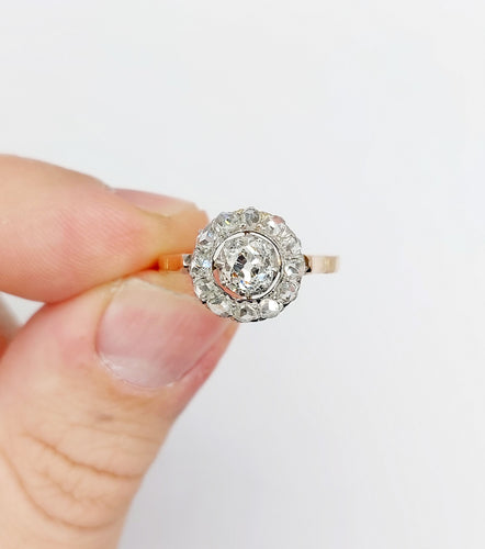 Antik ring Prästkrage i 18k roséguld och Platina, gamla slipade diamanter 